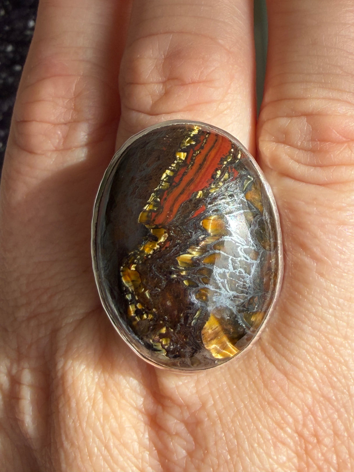 Tiger Iron Oval Ring with Hammered Band, Size 11 KRGJ3064