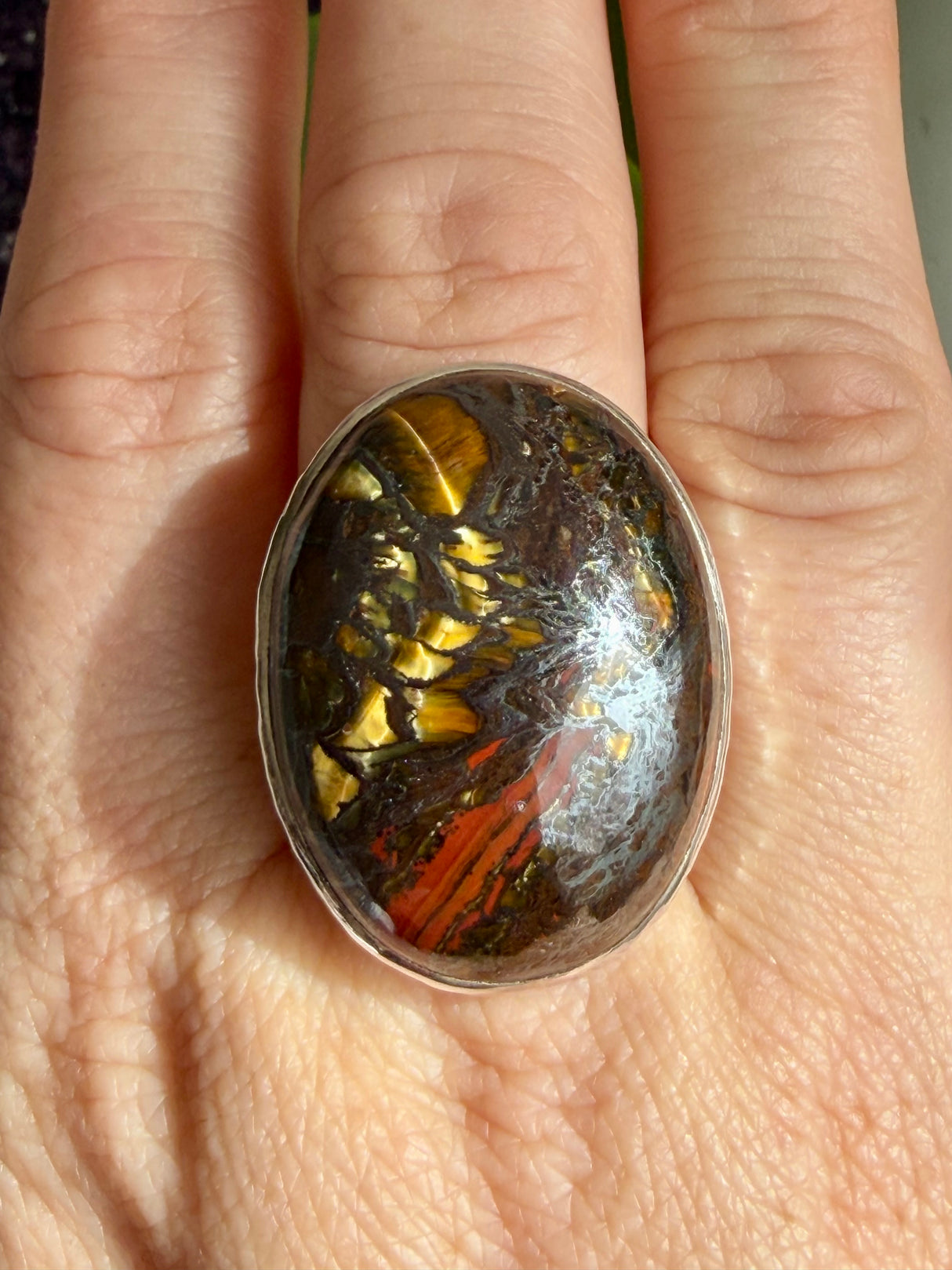 Tiger Iron Oval Ring with Hammered Band, Size 11 KRGJ3064