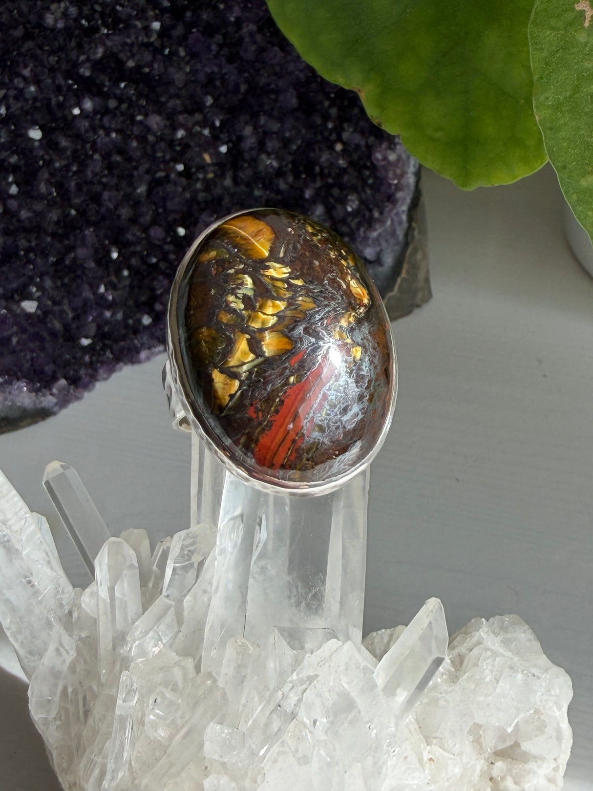 Tiger Iron Oval Ring with Hammered Band, Size 11 KRGJ3064