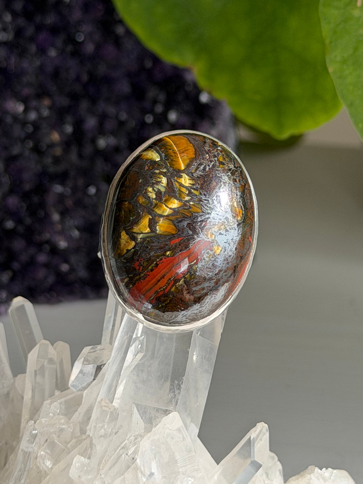 Tiger Iron Oval Ring with Hammered Band, Size 11 KRGJ3064