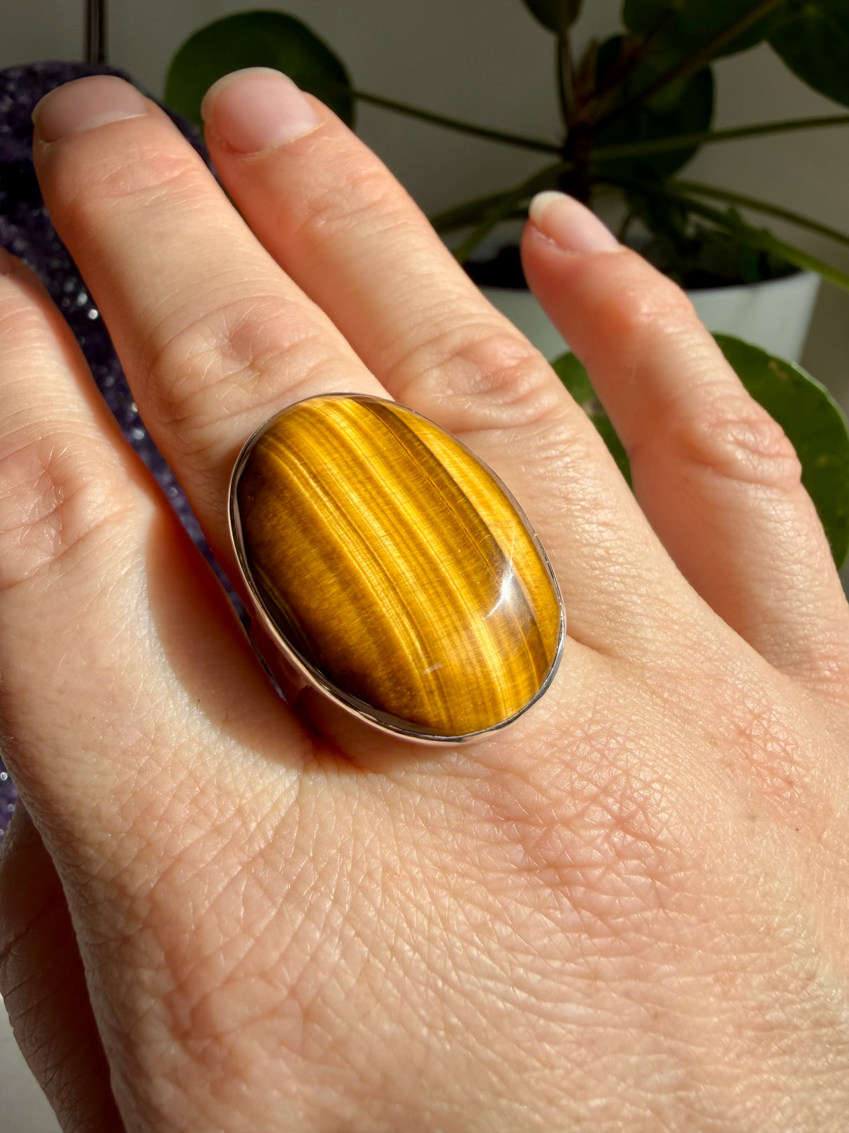 Golden Tiger's Eye with Hammered Sterling Silver Band Ring Size 10 KRGJ3129