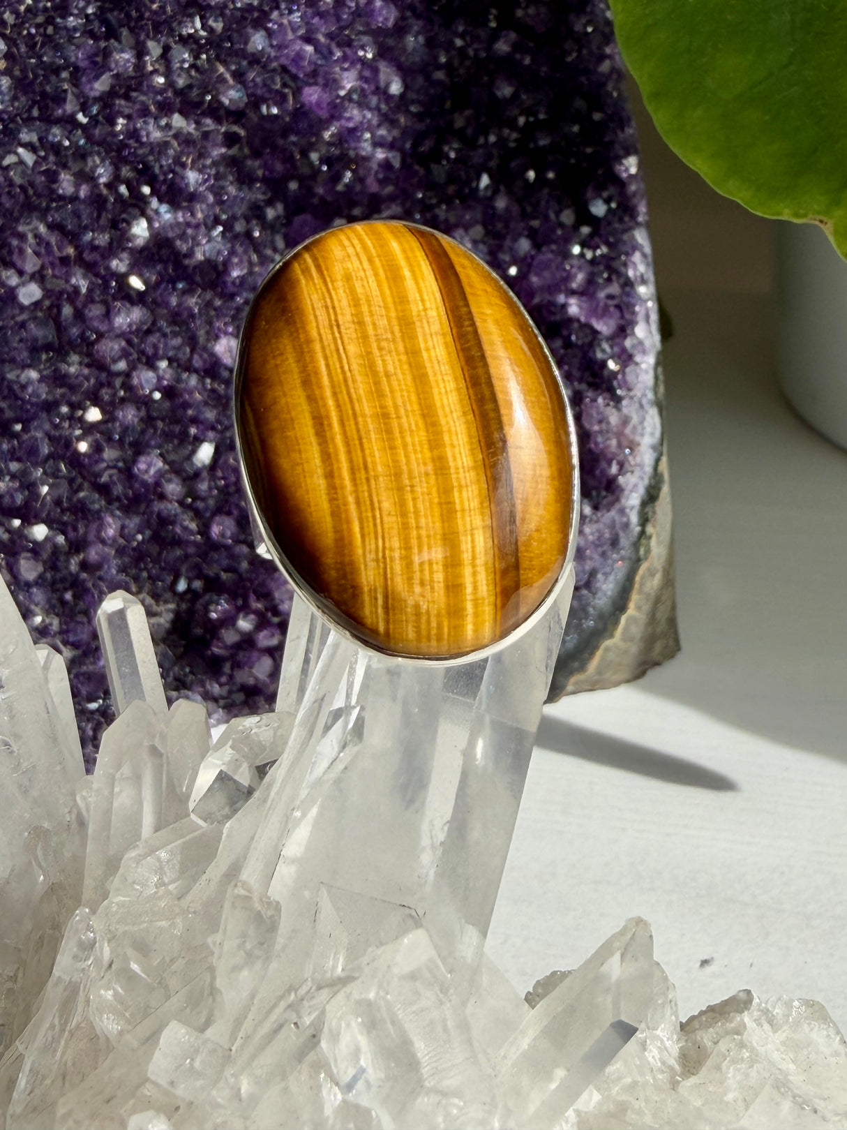 Golden Tiger's Eye with Hammered Sterling Silver Band Ring Size 10 KRGJ3129