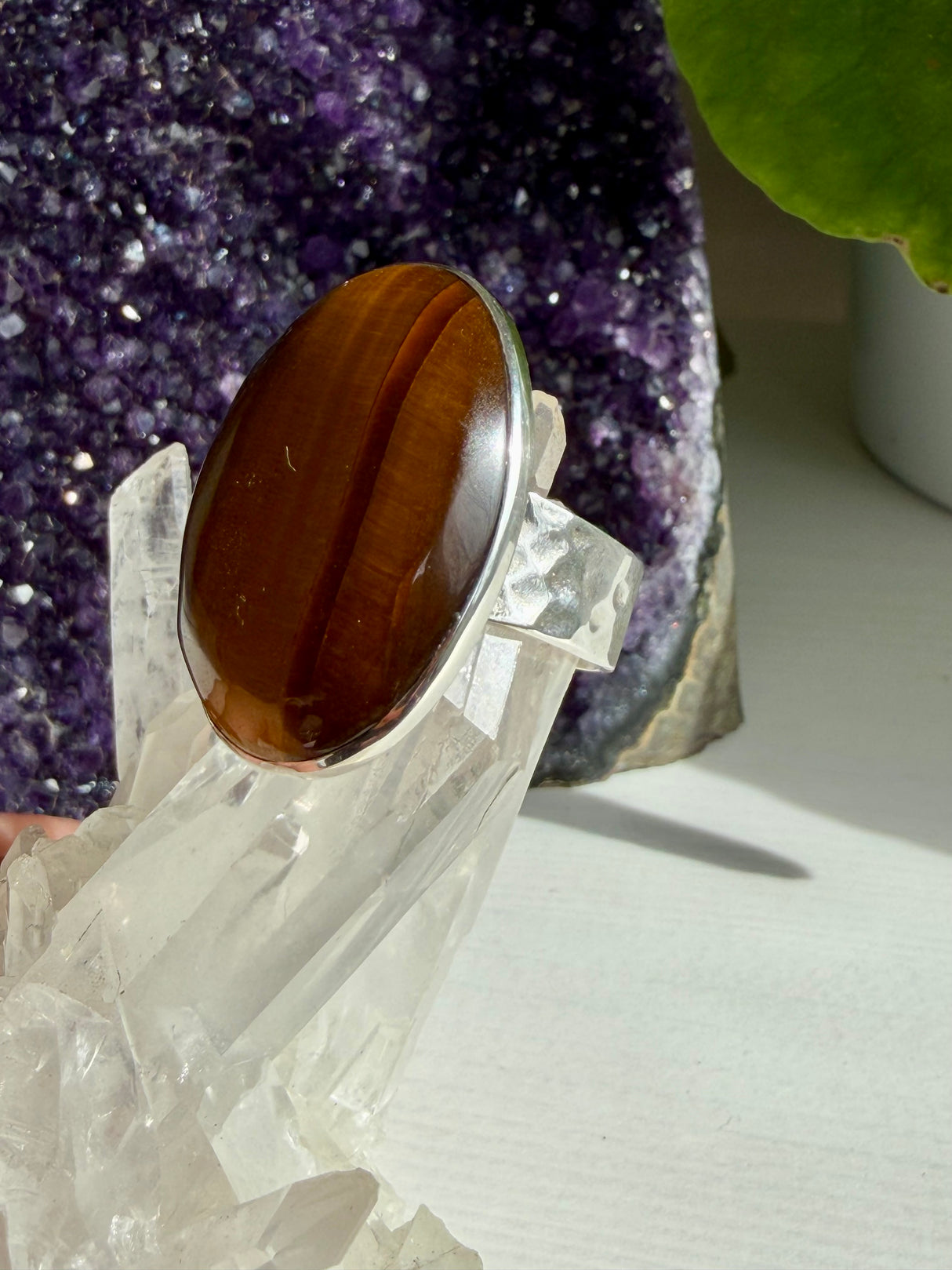 Golden Tiger's Eye with Hammered Sterling Silver Band Ring Size 10 KRGJ3129