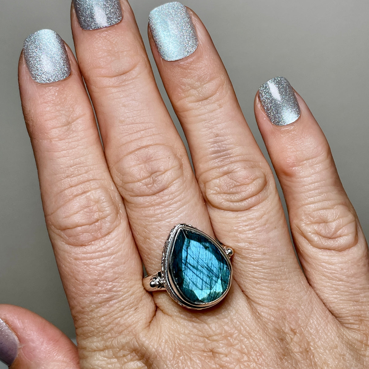 Labradorite Faceted Teardrop Ring in a Decorative Setting R3817