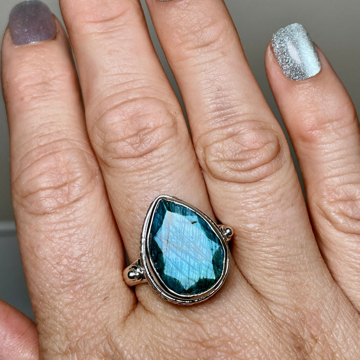 Labradorite Faceted Teardrop Ring in a Decorative Setting R3817