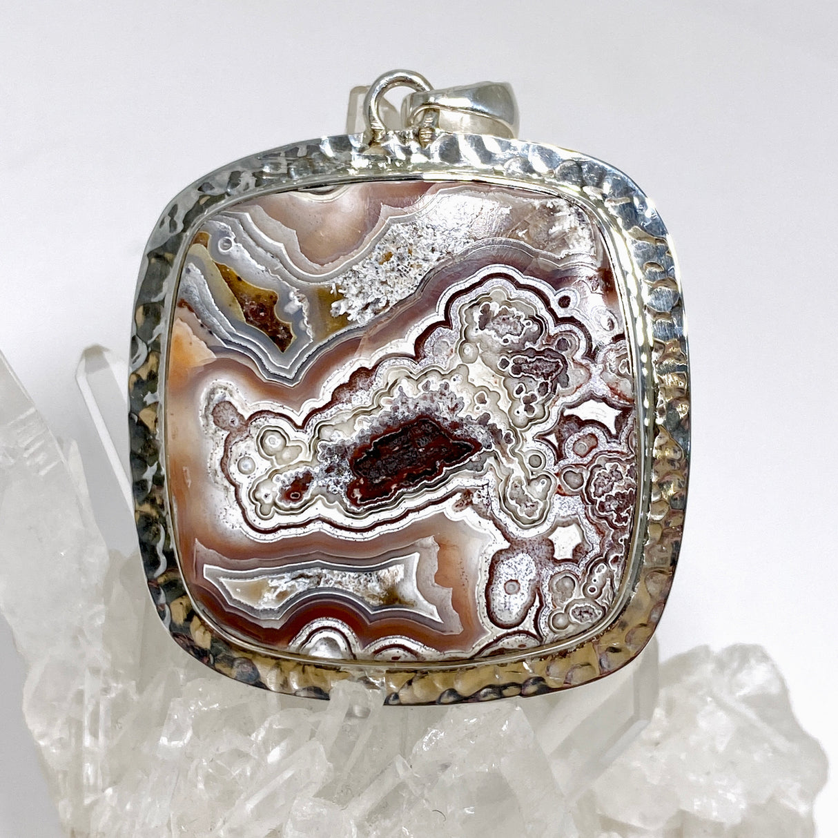 Mexican Crazy Lace Agate Square Pendant in a decorative hammered setting KPGJ4575