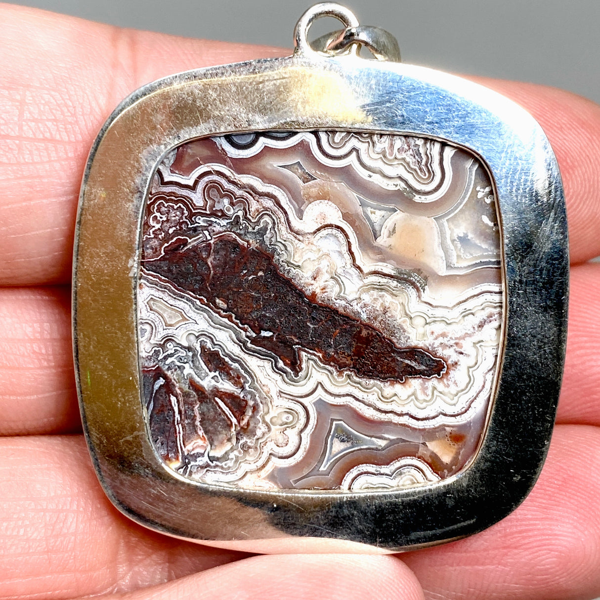 Mexican Crazy Lace Agate Square Pendant in a decorative hammered setting KPGJ4575