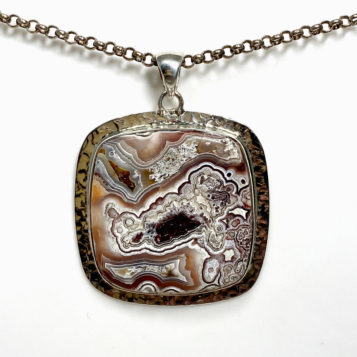 Mexican Crazy Lace Agate Square Pendant in a decorative hammered setting KPGJ4575