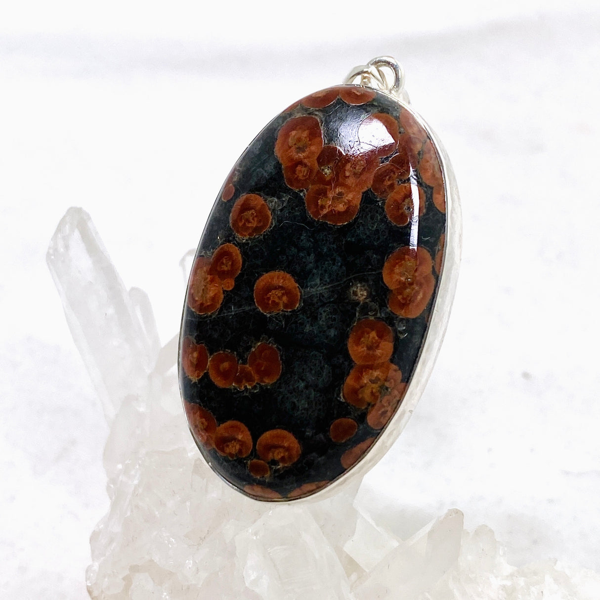 Peanut Obsidian (Perlite) Oval Cabochon Pendant in a Hammered Setting KPGJ4769