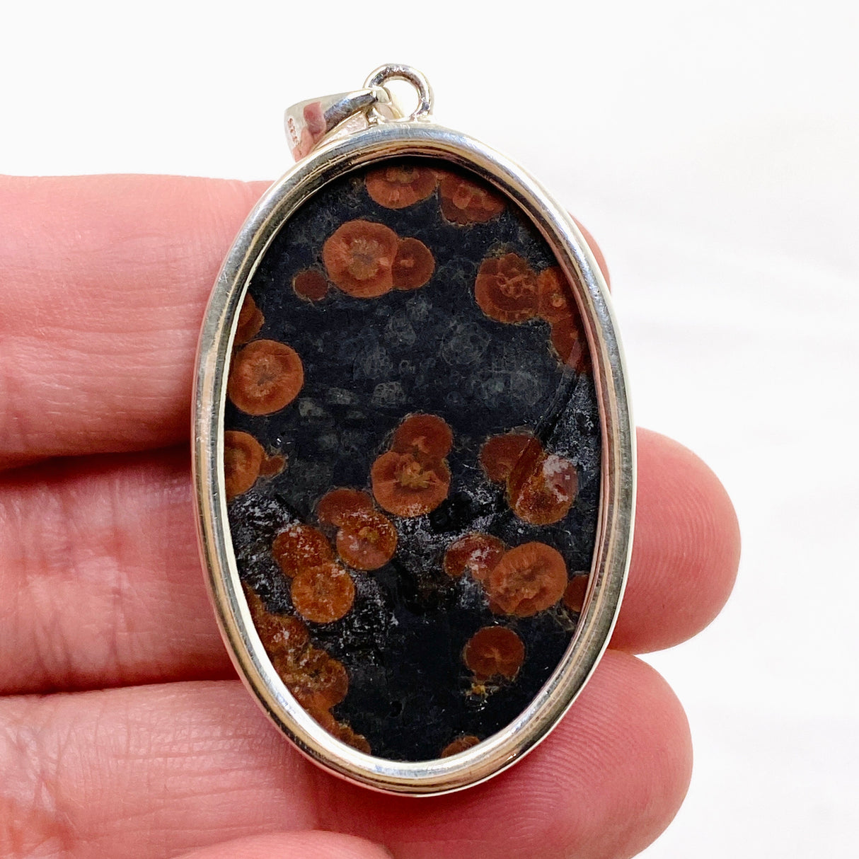 Peanut Obsidian (Perlite) Oval Cabochon Pendant in a Hammered Setting KPGJ4769