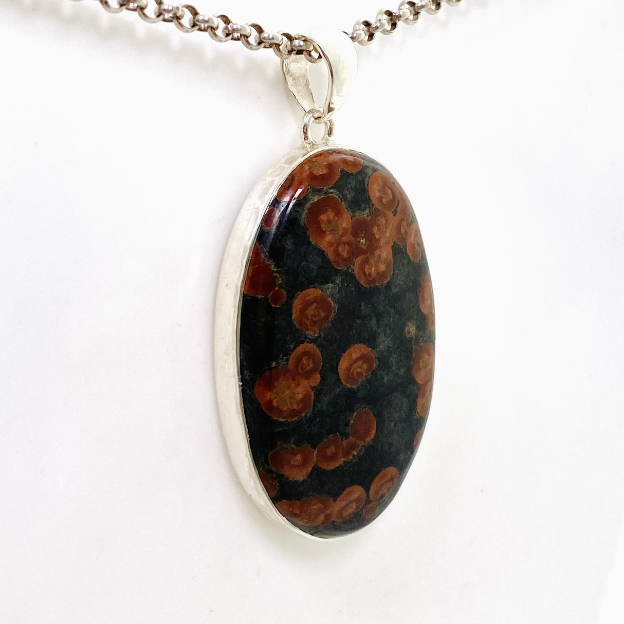 Peanut Obsidian (Perlite) Oval Cabochon Pendant in a Hammered Setting KPGJ4769