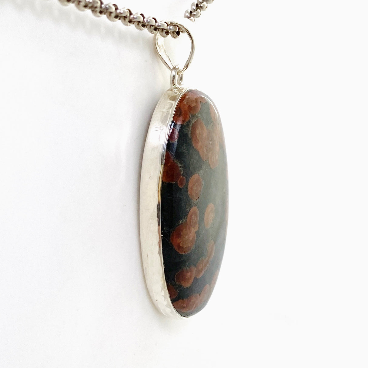 Peanut Obsidian (Perlite) Oval Cabochon Pendant in a Hammered Setting KPGJ4769