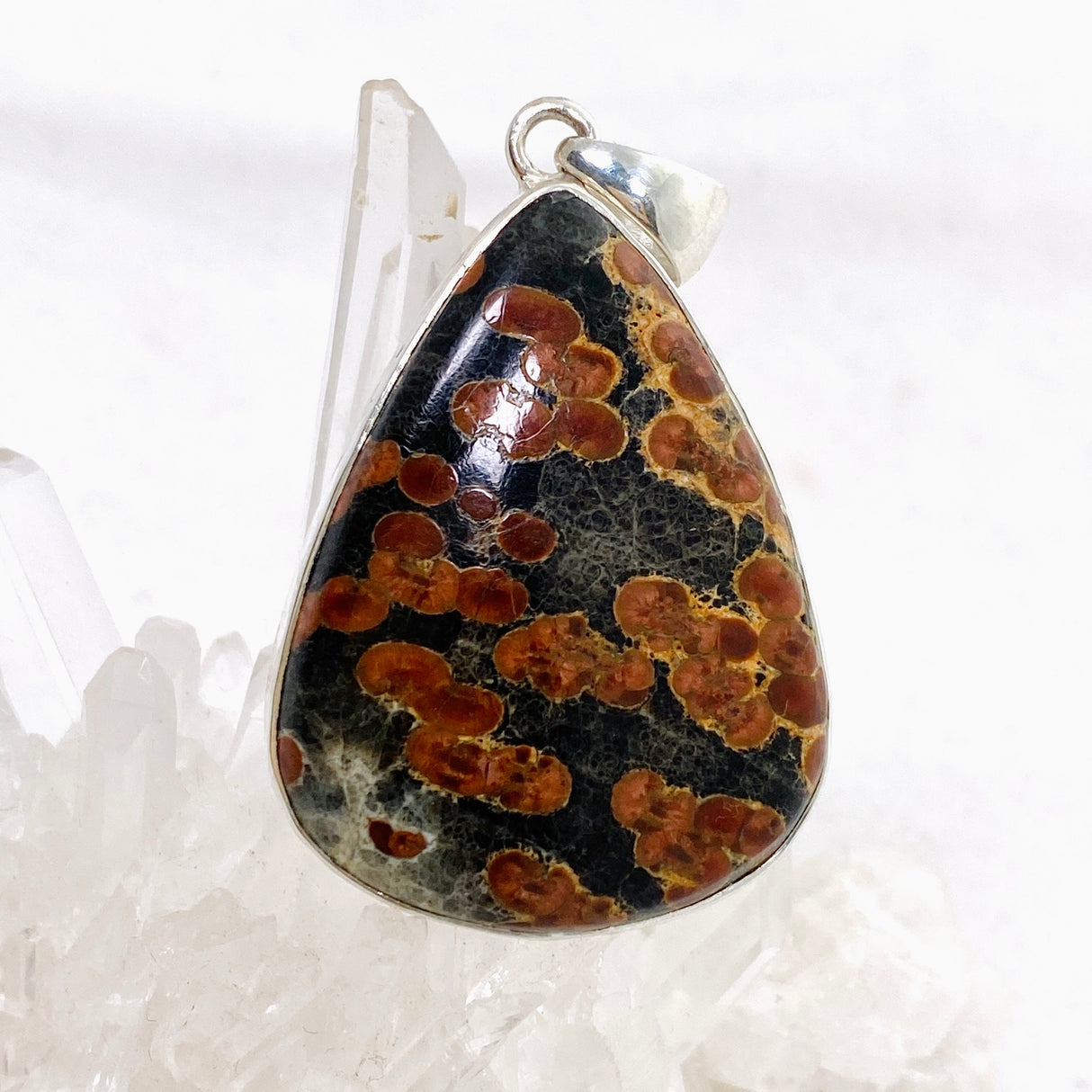 Peanut Obsidian (Perlite) Teardrop Cabochon Pendant in a Hammered Setting KPGJ4767