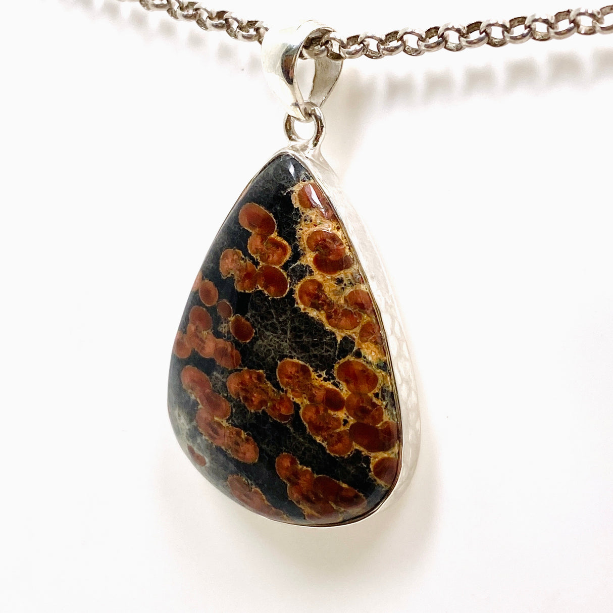 Peanut Obsidian (Perlite) Teardrop Cabochon Pendant in a Hammered Setting KPGJ4767