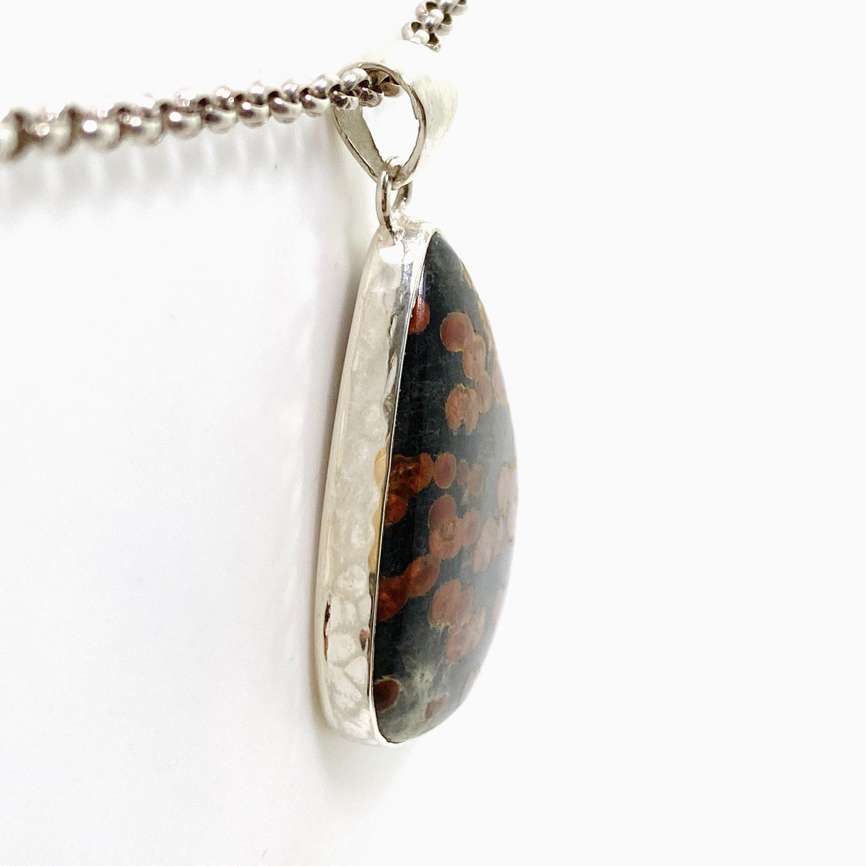 Peanut Obsidian (Perlite) Teardrop Cabochon Pendant in a Hammered Setting KPGJ4767