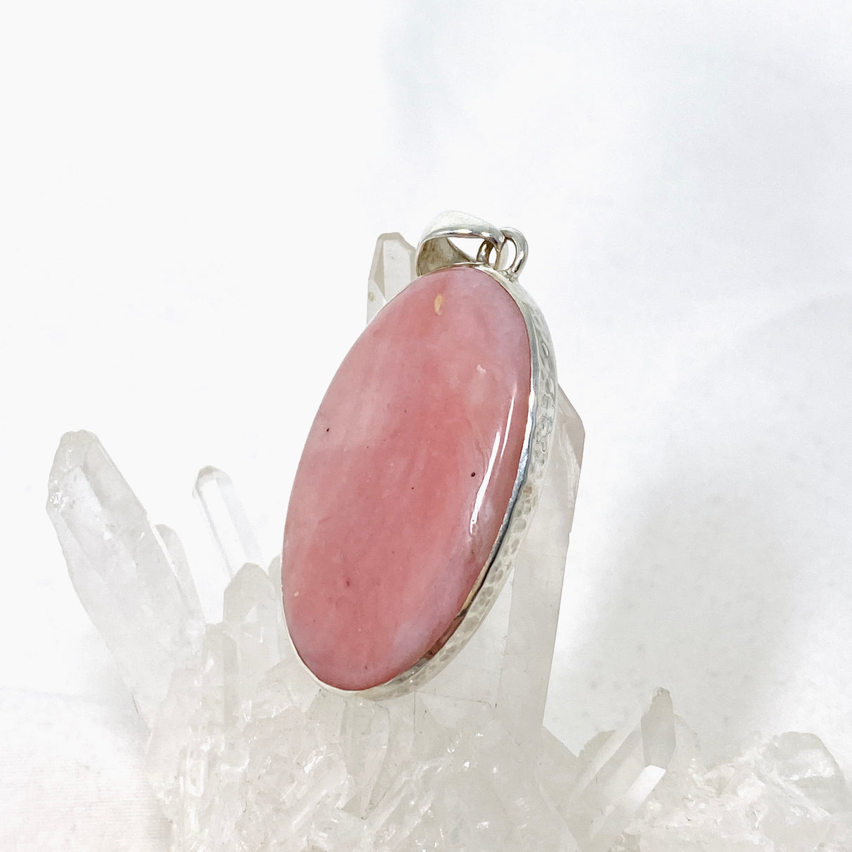 Pink Opal Oval Cabochon Pendant in a Hammered Setting KPGJ4668