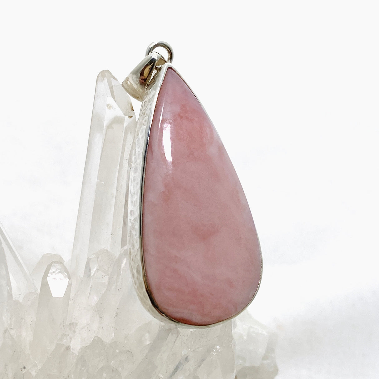 Pink Opal Teardrop Cabochon Pendant in a Hammered Setting KPGJ4669