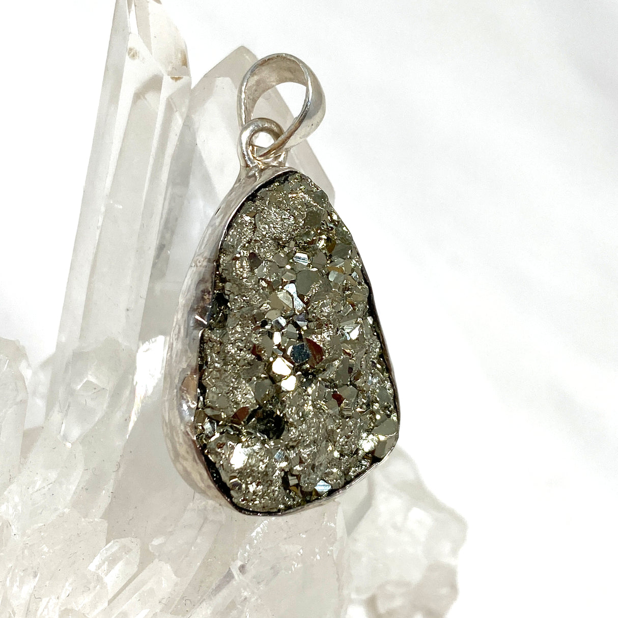 Pyrite Teardrop Raw Pendant  in a hammered setting KPGJ4603