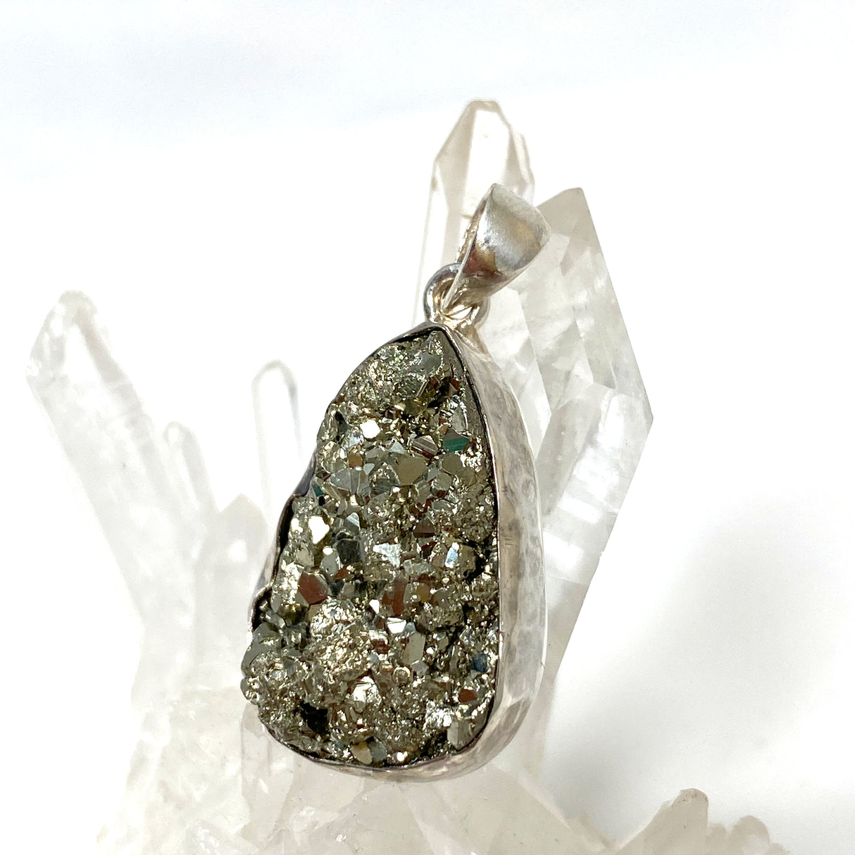 Pyrite Teardrop Raw Pendant  in a hammered setting KPGJ4603