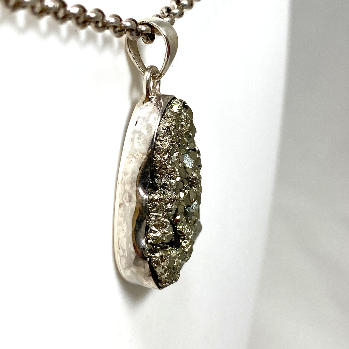 Pyrite Teardrop Raw Pendant  in a hammered setting KPGJ4603