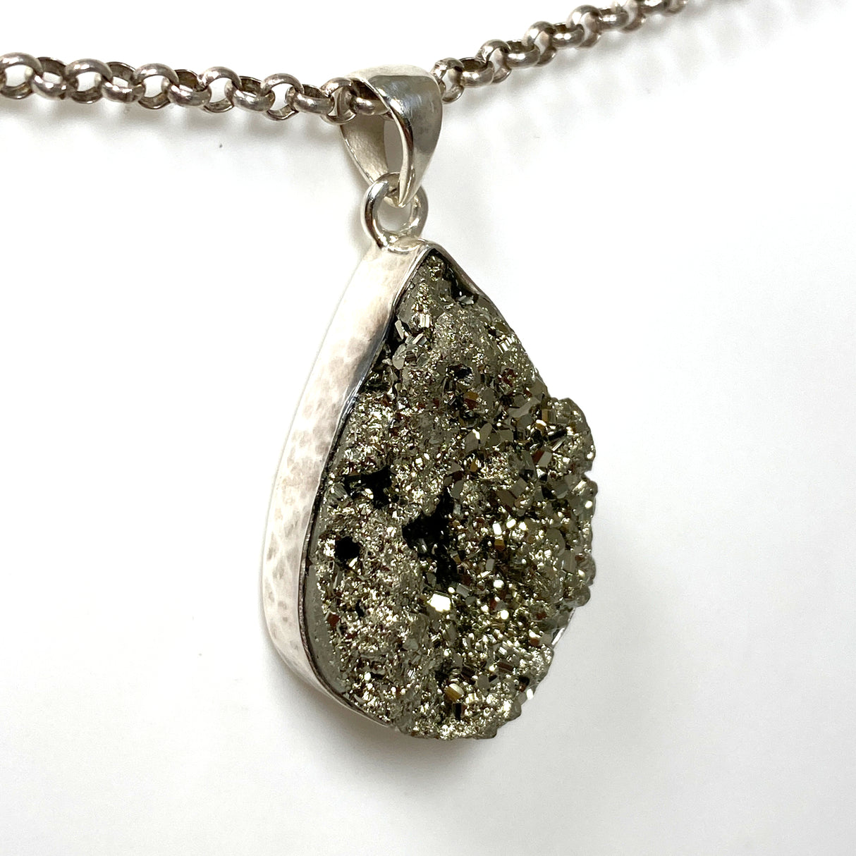 Pyrite Teardrop Raw Pendant  in a hammered setting KPGJ4605