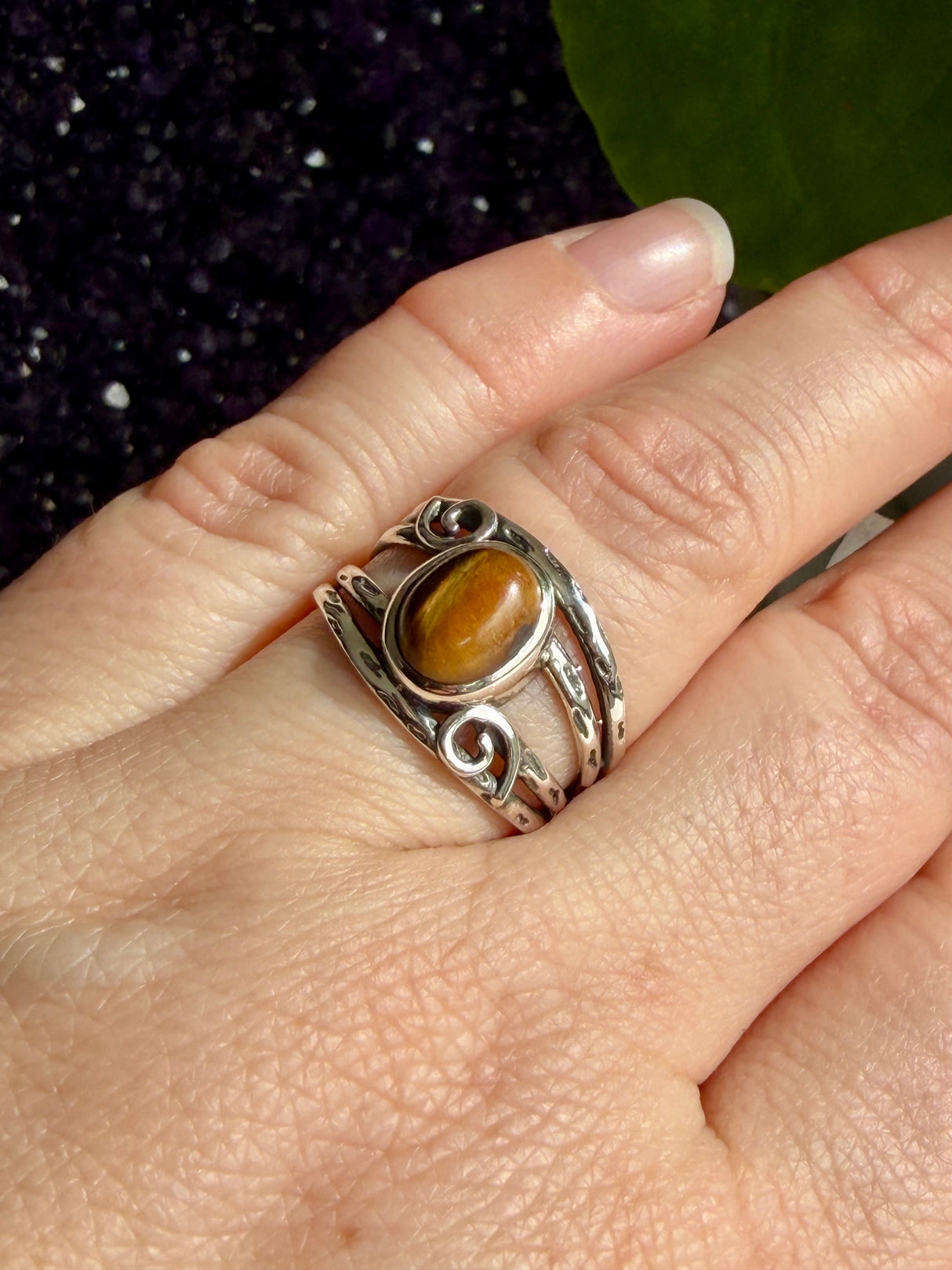 Golden Tiger's Eye Ring with Sterling Silver Scrollwork R4025