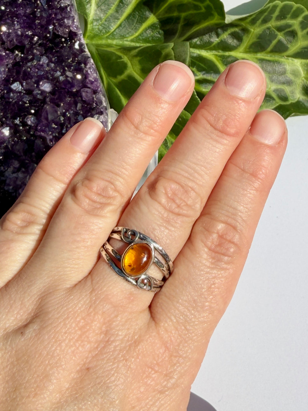 Amber Ring with Sterling Silver Scrollwork R4025