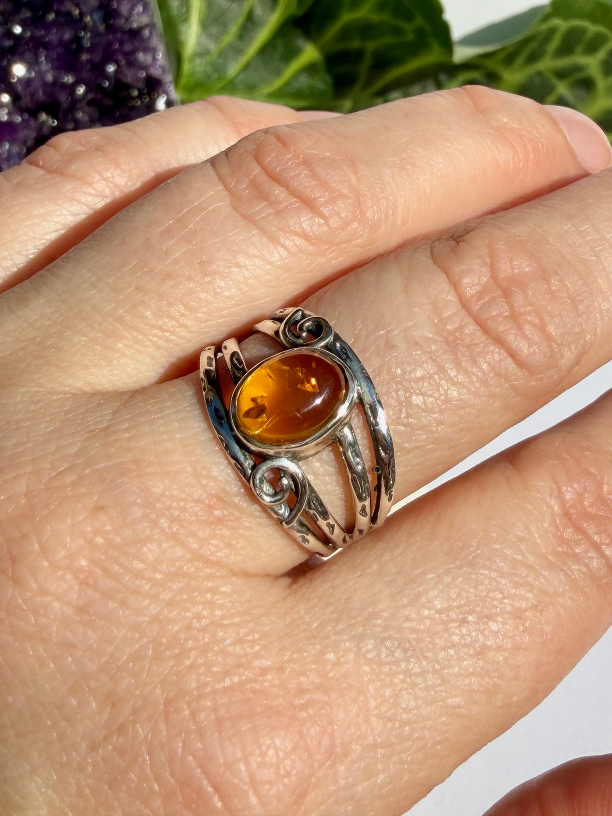 Amber Ring with Sterling Silver Scrollwork R4025