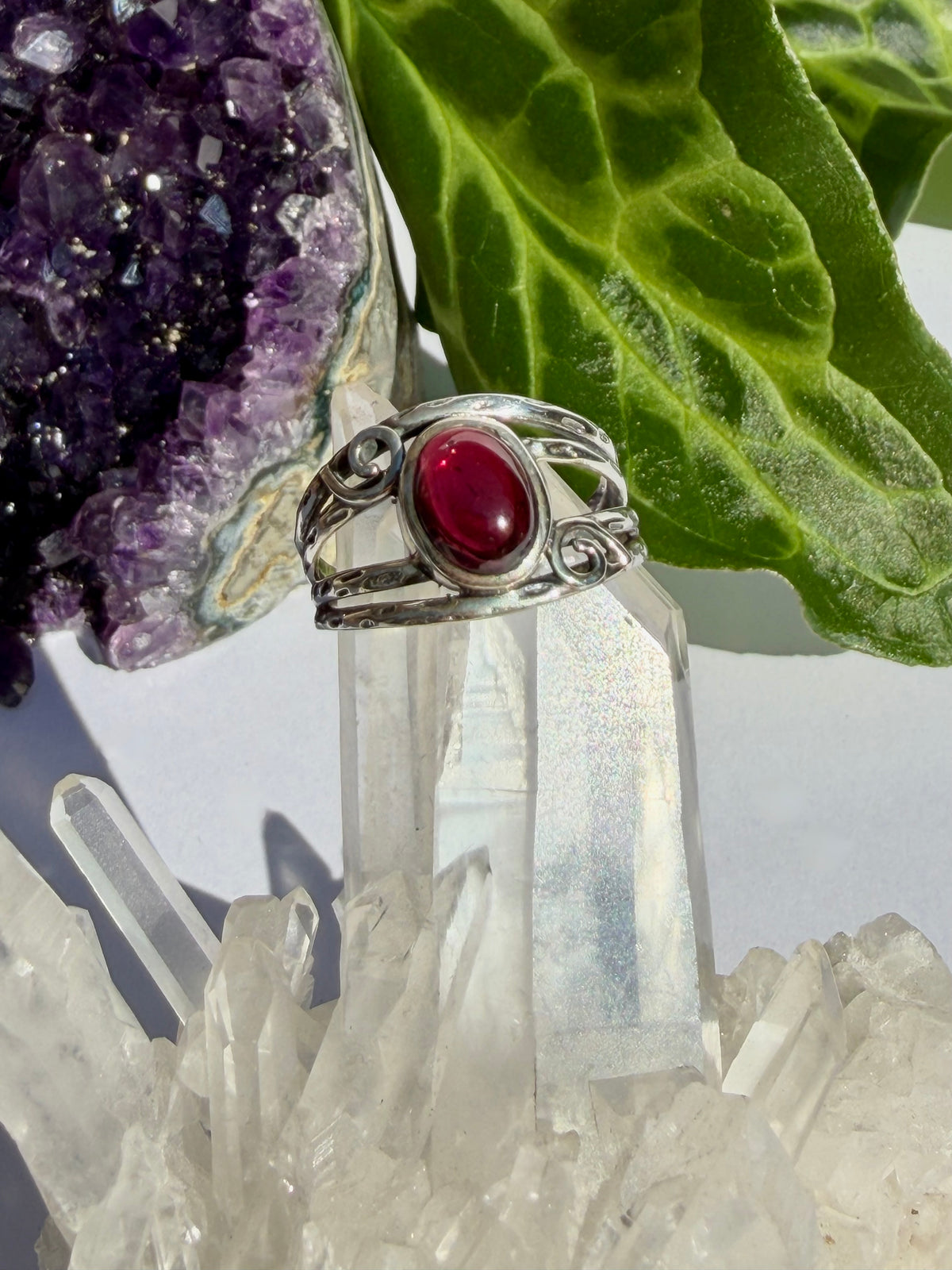 Garnet Ring with Sterling Silver Scrollwork R4025