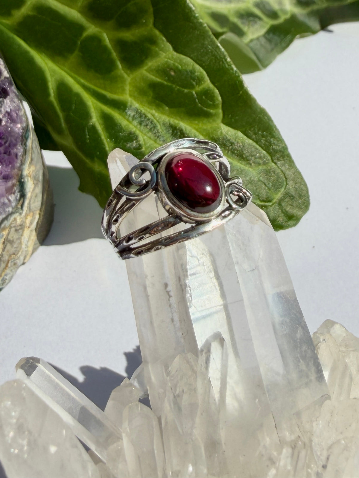 Garnet Ring with Sterling Silver Scrollwork R4025