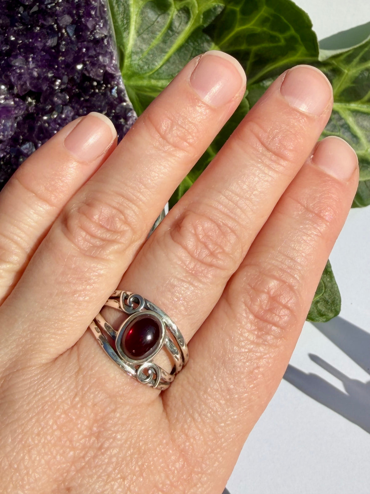 Garnet Ring with Sterling Silver Scrollwork R4025
