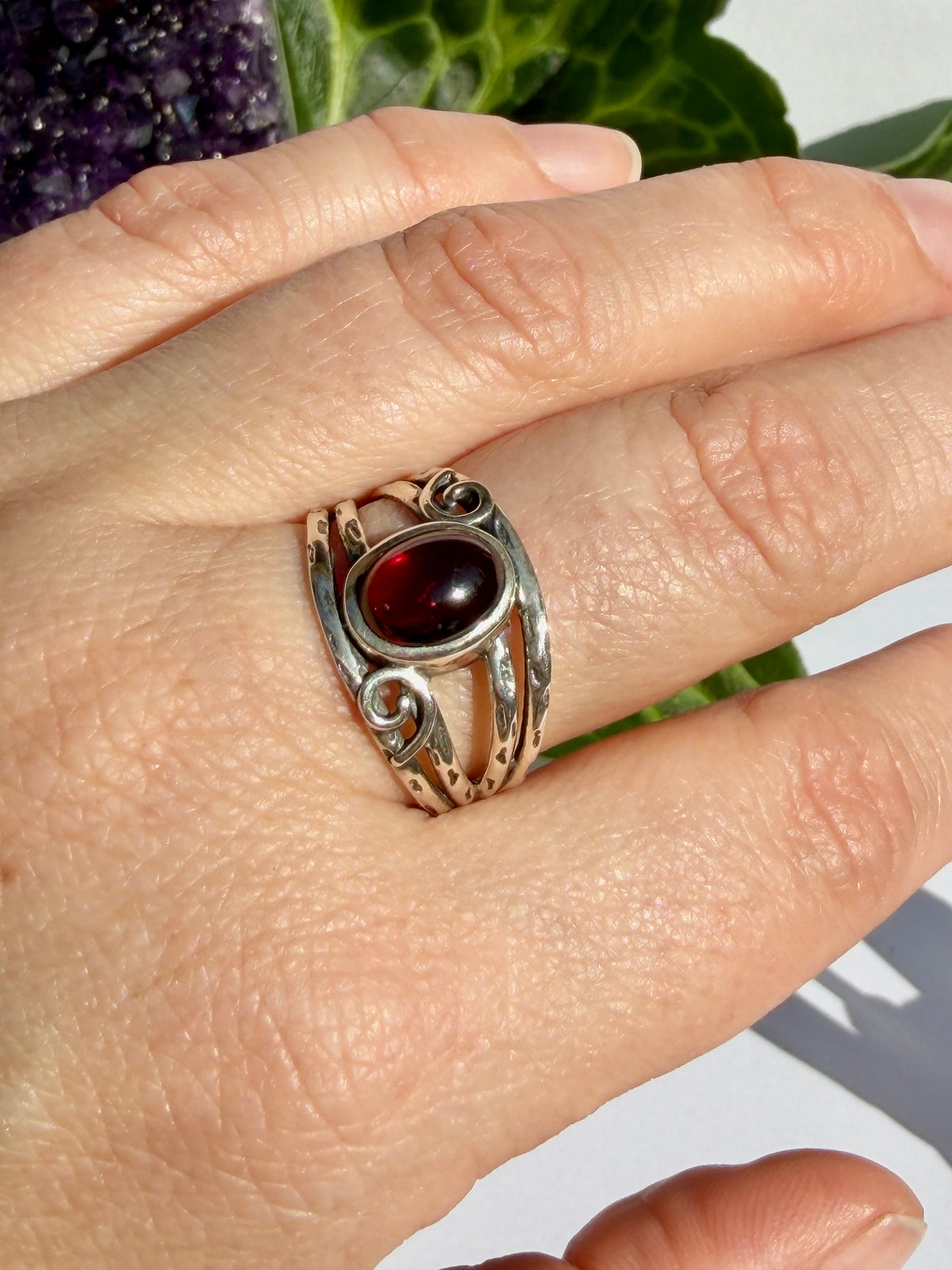 Garnet Ring with Sterling Silver Scrollwork R4025