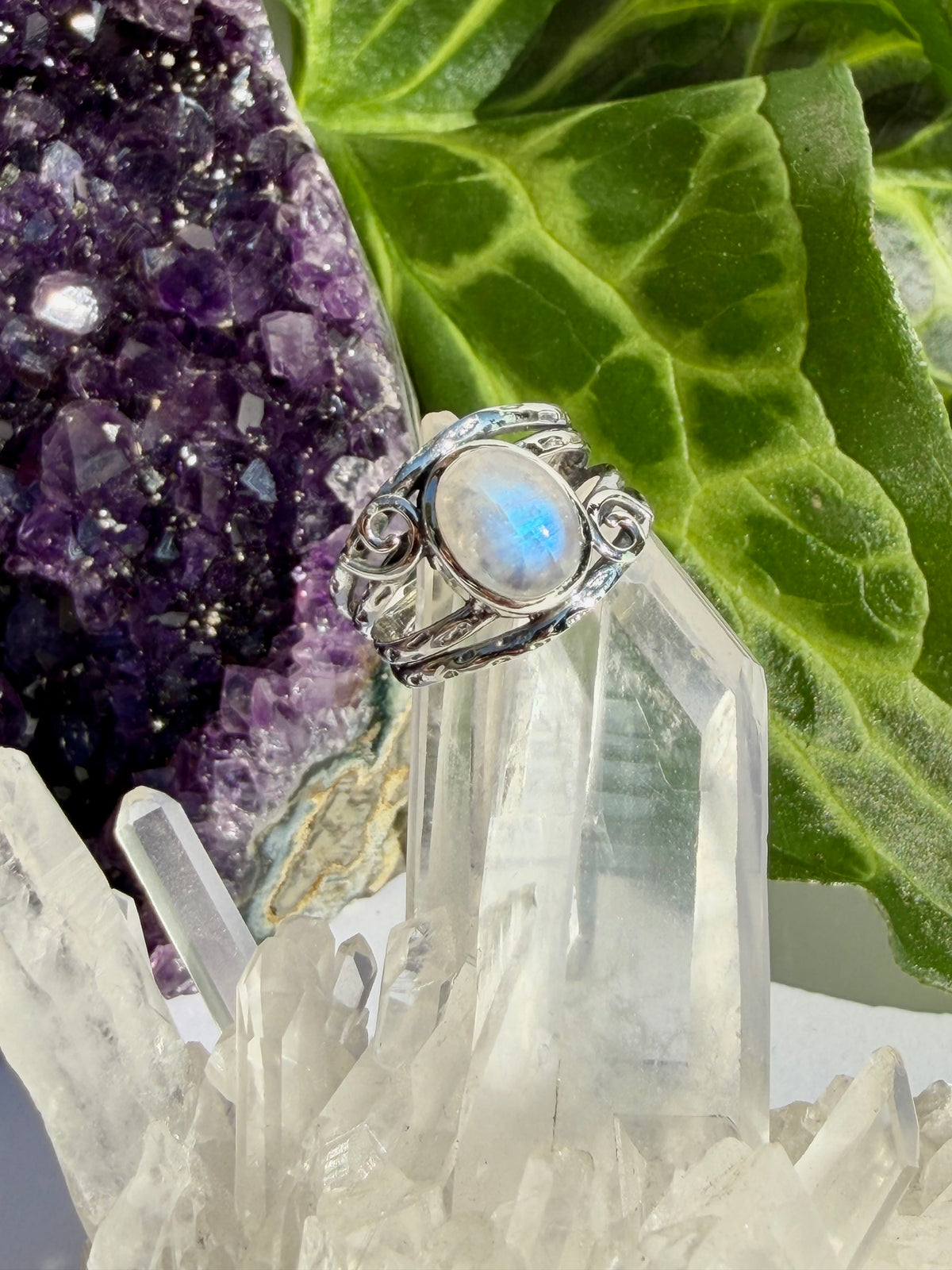 Moonstone Ring with Sterling Silver Scrollwork R4025