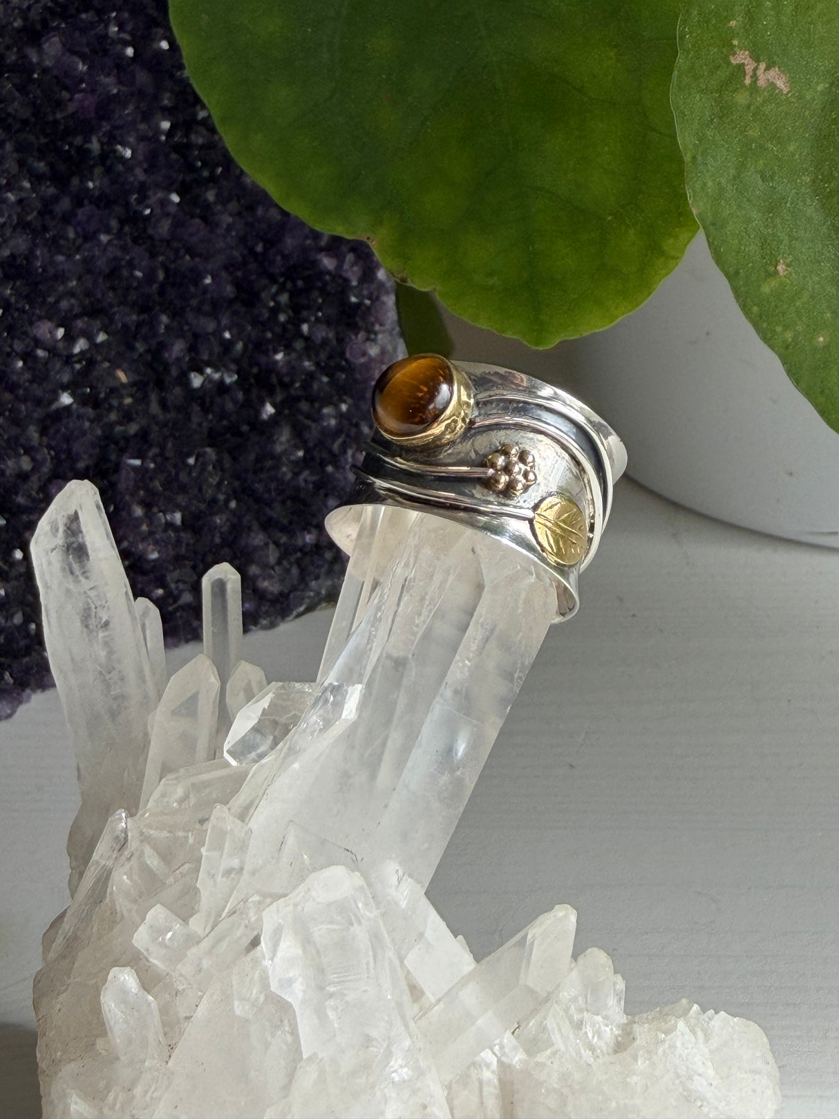Tiger's Eye Botanical Brass on Sterling Silver Ring Size 9 R4198