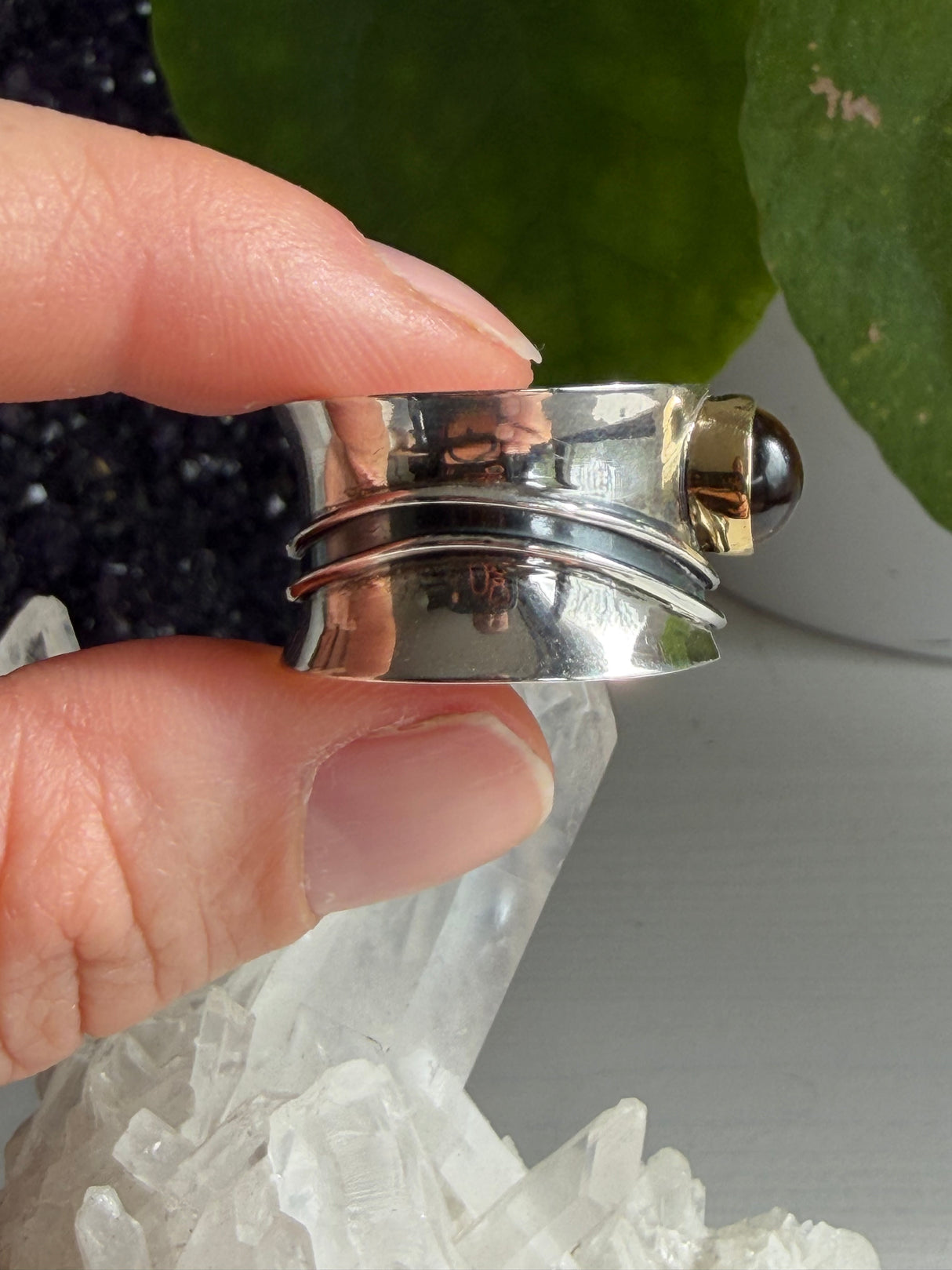 Tiger's Eye Botanical Brass on Sterling Silver Ring Size 9 R4198