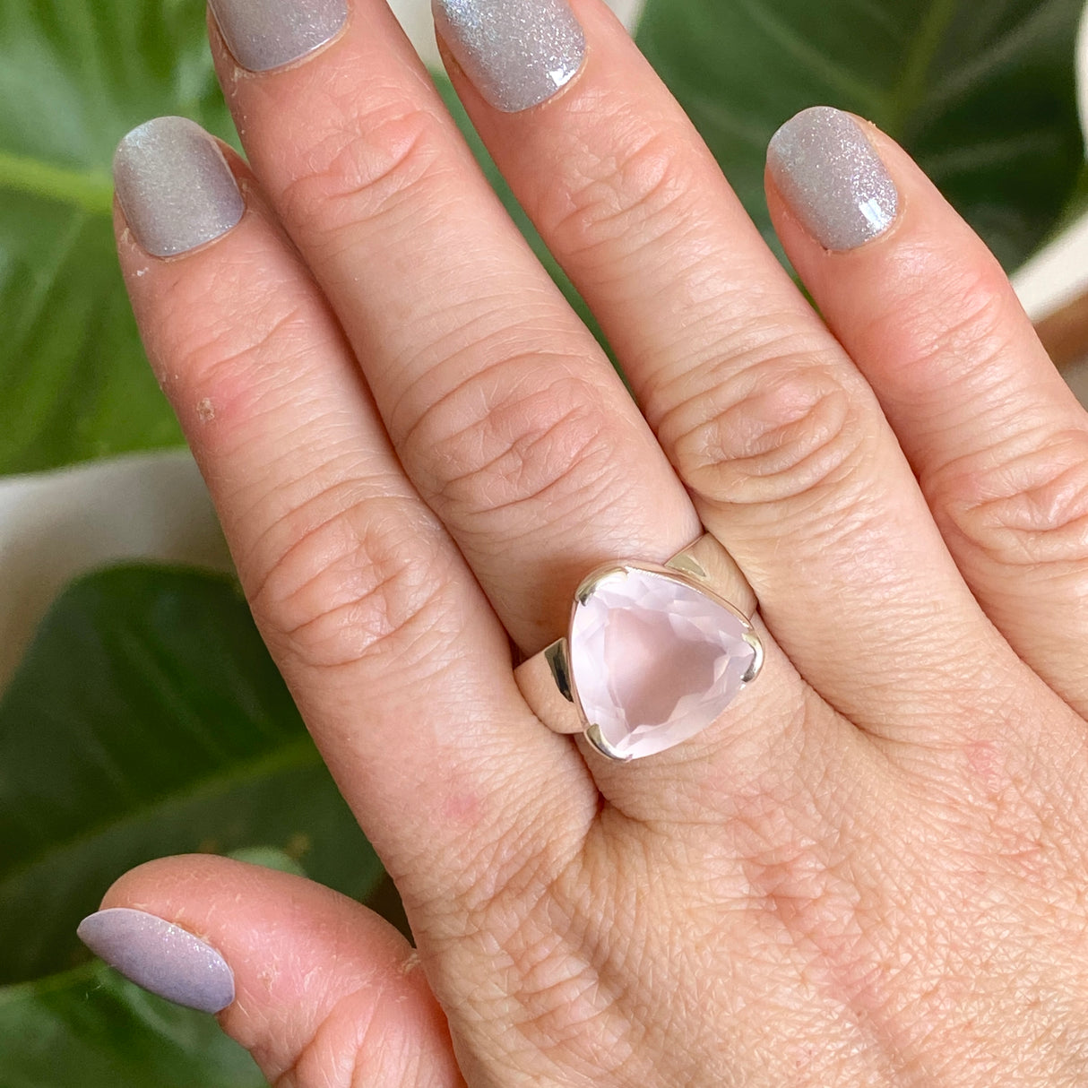 Rose Quartz Triangular Faceted Ring Size 10 KRGJ3324