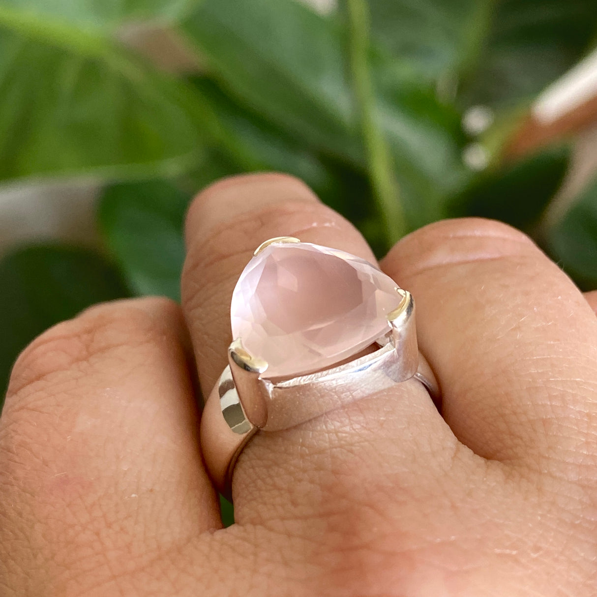 Rose Quartz Triangular Faceted Ring Size 10 KRGJ3324