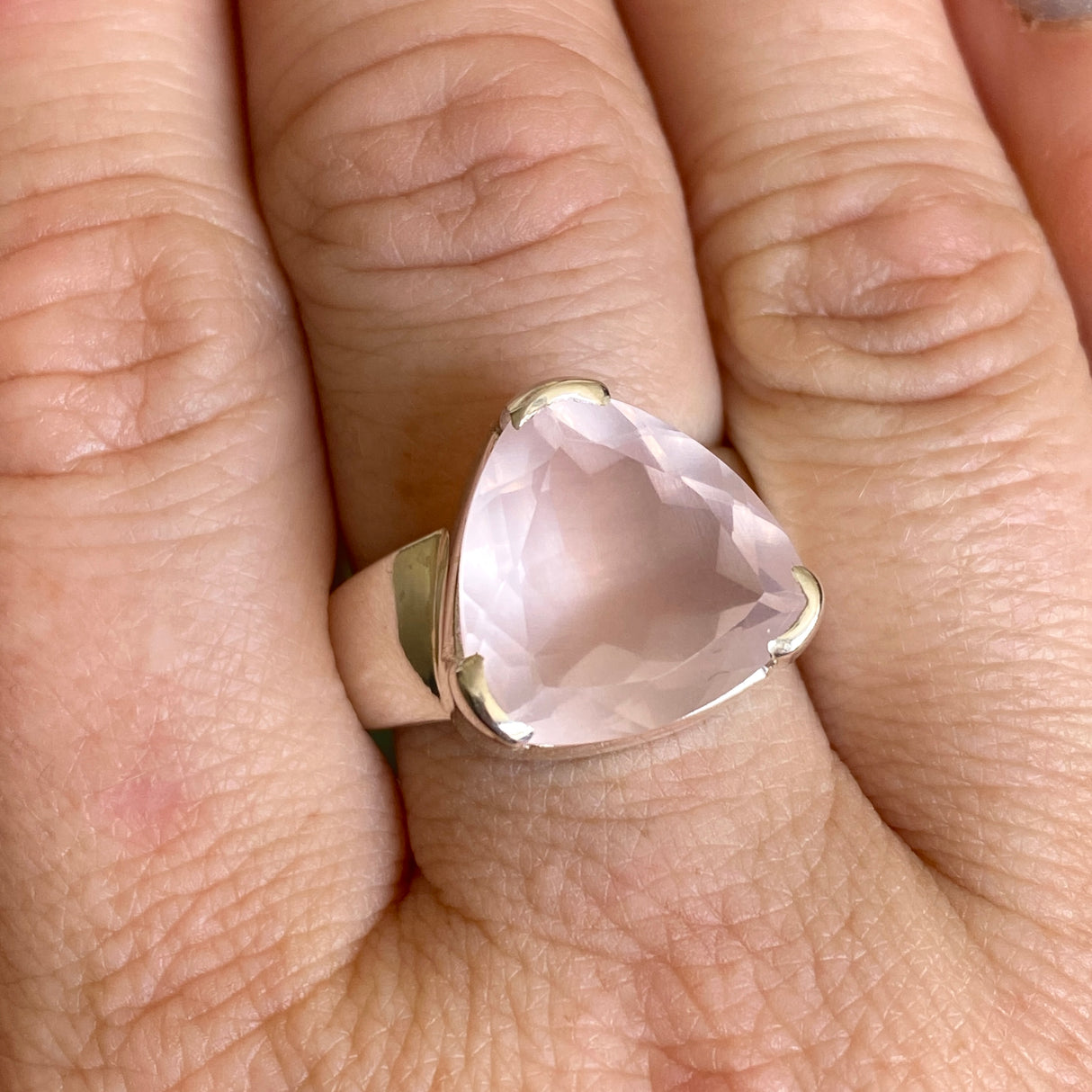 Rose Quartz Triangular Faceted Ring Size 10 KRGJ3324