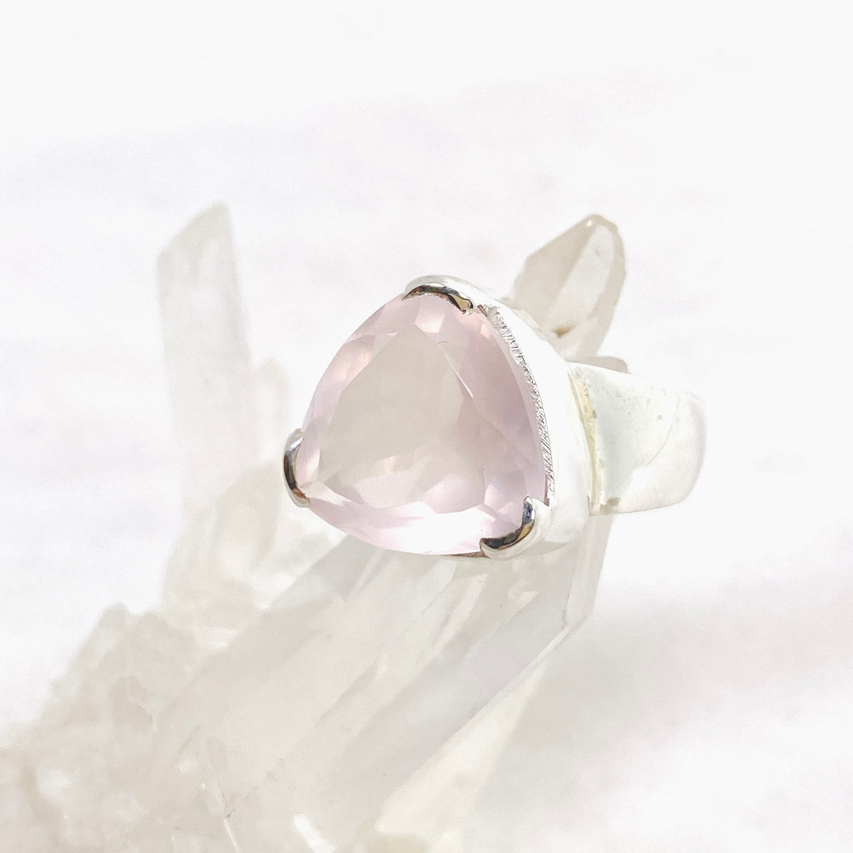 Rose Quartz Triangular Faceted Ring Size 10 KRGJ3324