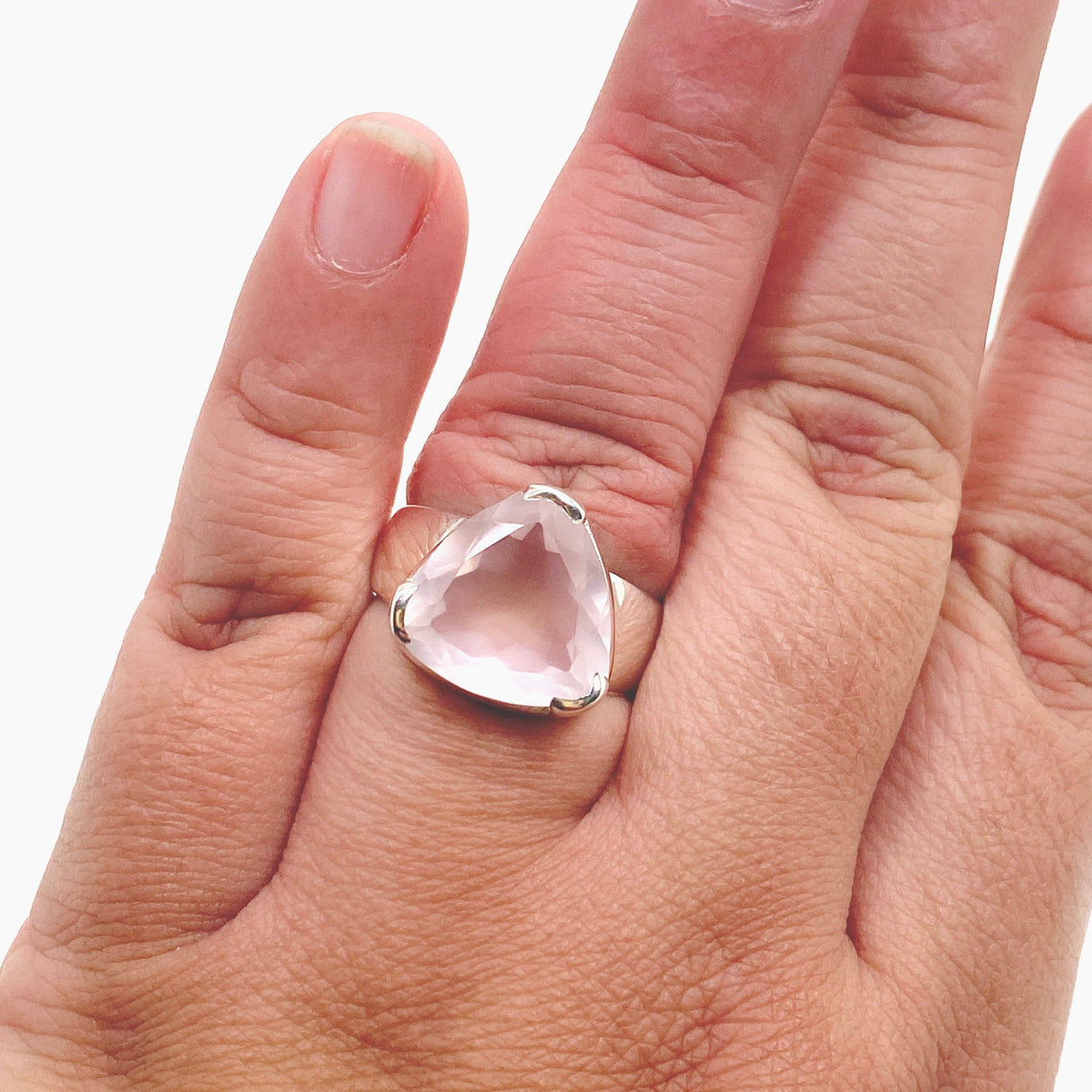 Rose Quartz Triangular Faceted Ring Size 10 KRGJ3324