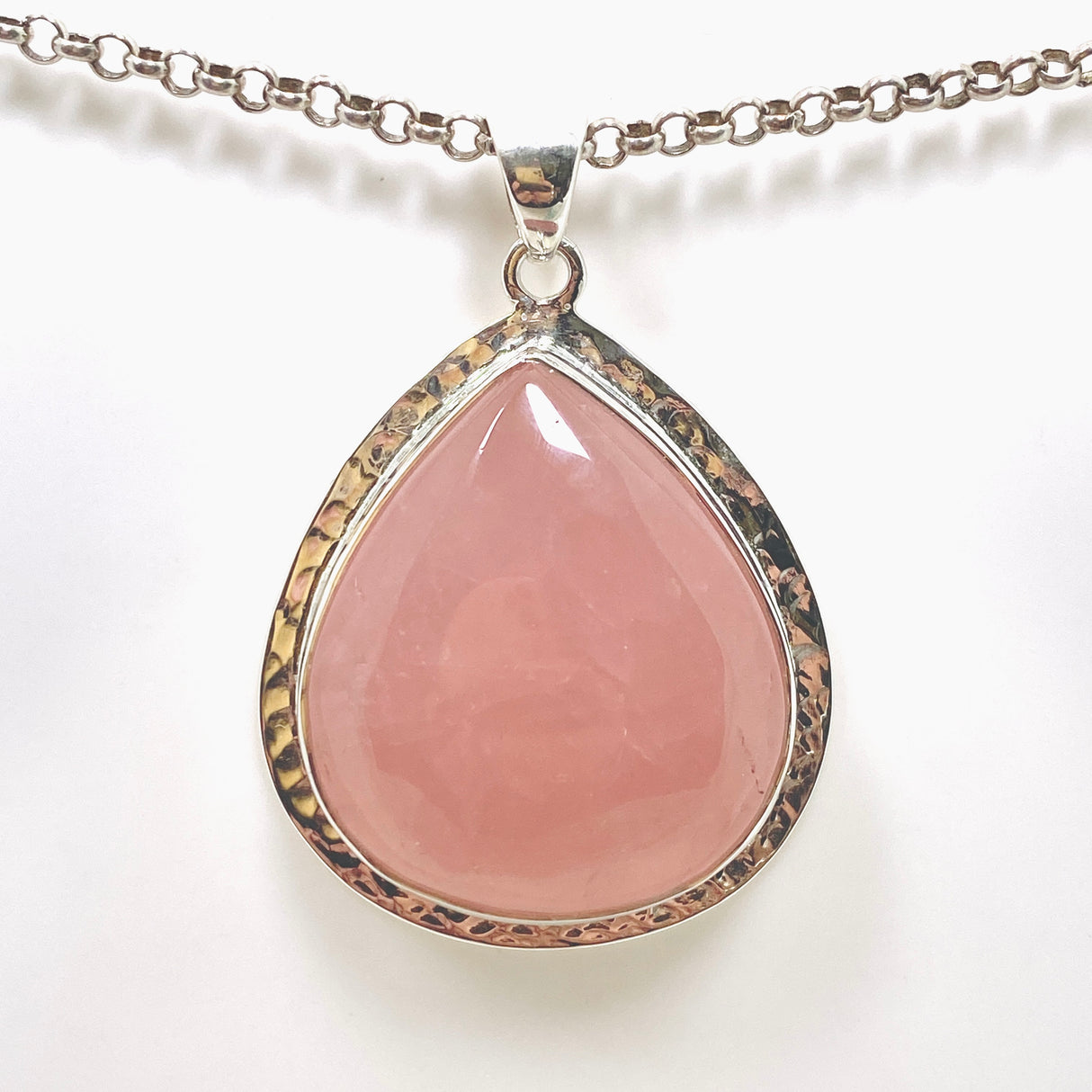 Rose Quartz Teardrop Cabochon Pendant in a Hammered Setting KPGJ4688