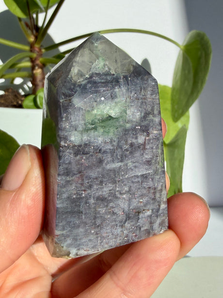 Sunstone in iolite point with a translucent zone near the tip containing a visible green mineral trace