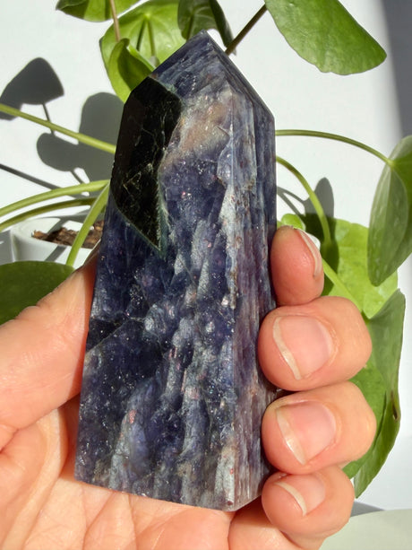 Sunstone in iolite point with concentrated copper-red sparkle along one side and a visible diagonal fracture line