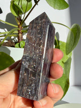 Close view of a sunstone in iolite face with dense coppery-bronze sparkle running through fine vertical striations against a deep charcoal-violet body