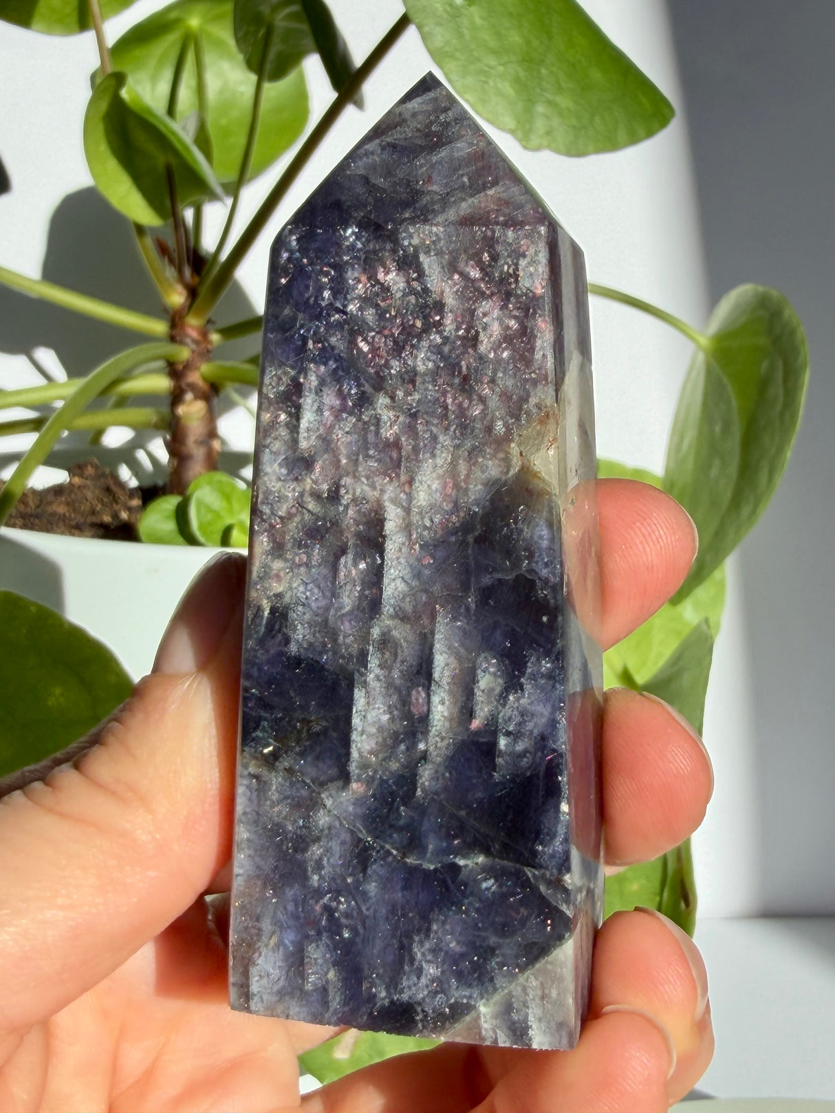 Sunstone in iolite point turned to show dense pink-copper sparkle across the top two-thirds and a darker indigo base crossed by a natural fracture line