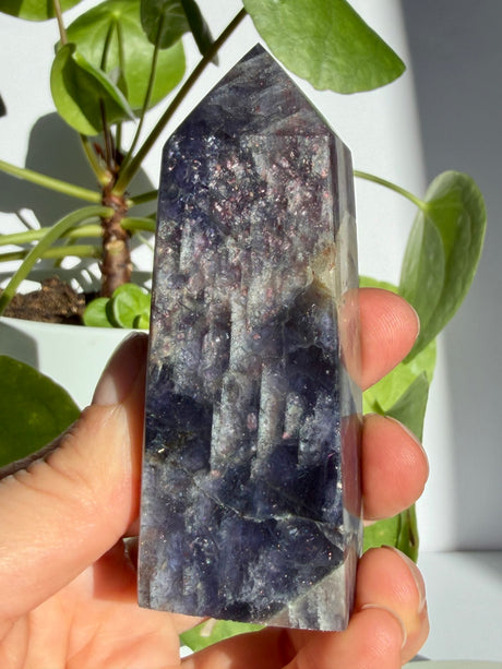 Sunstone in iolite point turned to show dense pink-copper sparkle across the top two-thirds and a darker indigo base crossed by a natural fracture line