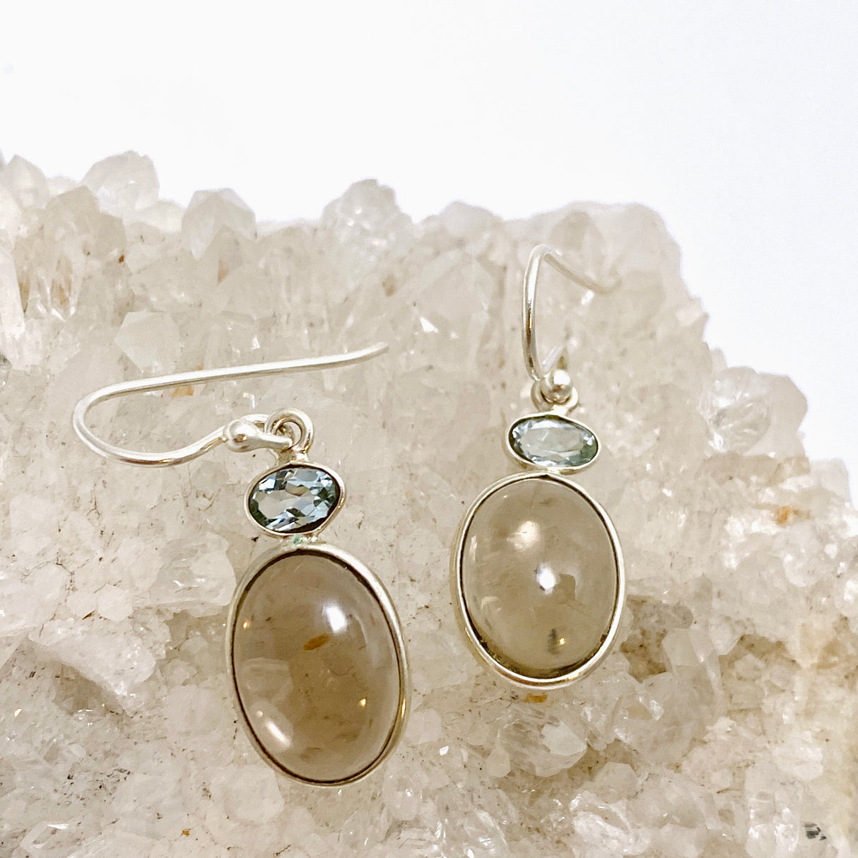 Smokey Quartz Oval Cabochon with Blue Topaz Earrings KEGJ1551