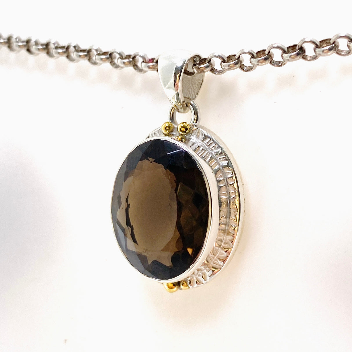 Smokey Quartz Oval Faceted Pendant in a Decorative Setting KPGJ4729