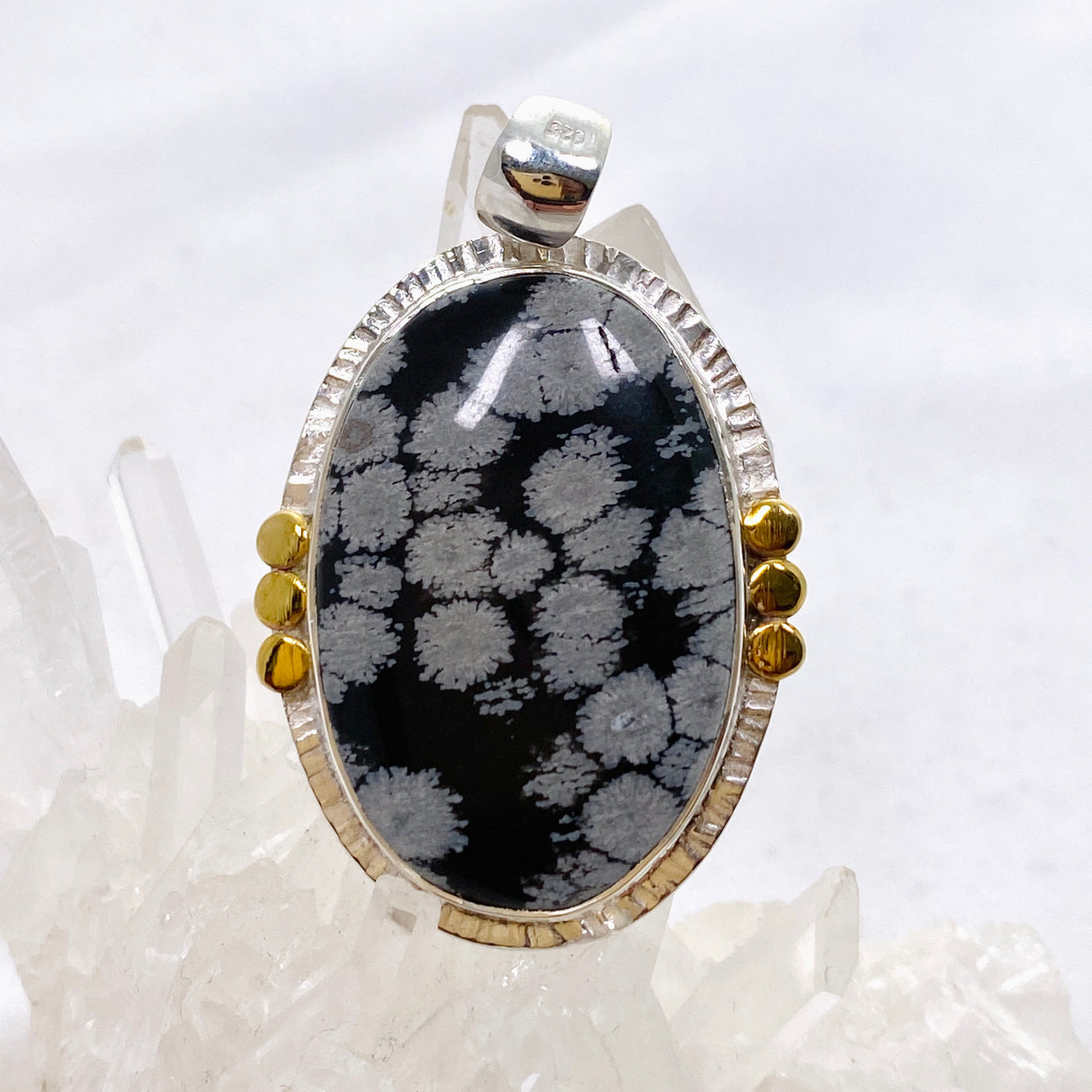 Snowflake Obsidian Oval Cabochon Pendant in a Decorative Setting KPGJ4772