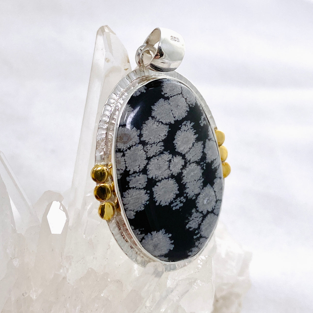 Snowflake Obsidian Oval Cabochon Pendant in a Decorative Setting KPGJ4772